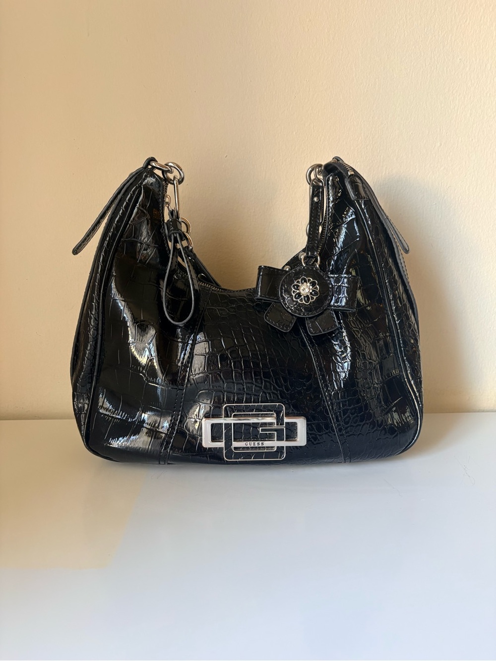 GUESS Black Patent Croc-Embossed Hobo Shoulder Bag